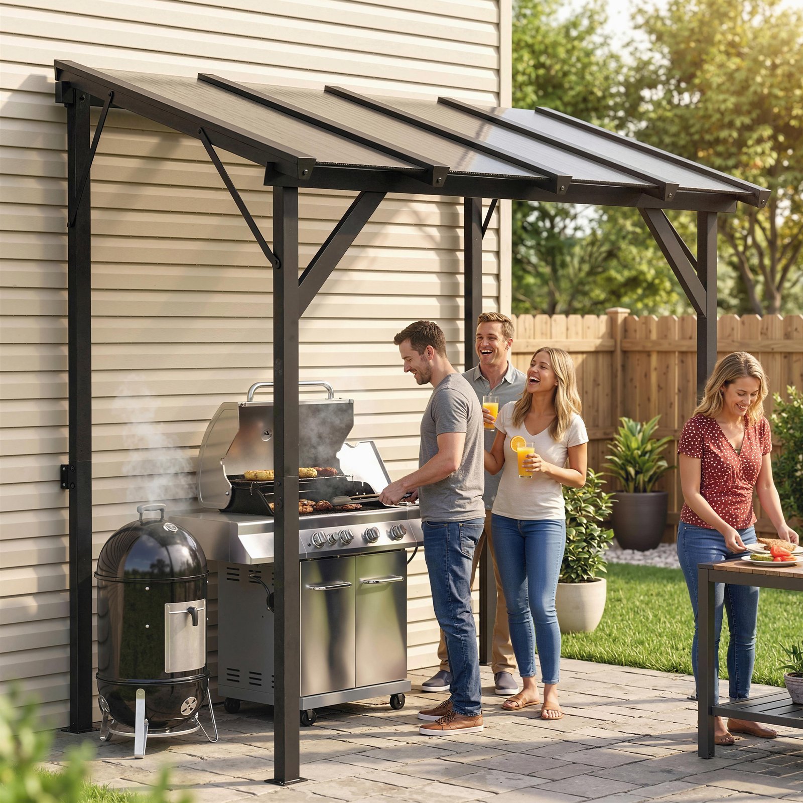 8418fb14-fd0e-4d73-84b2-9a5efd9c8c80.jpg Hardtop Grill Gazebo, Lean-to BBQ Shelter with Polycarbonate Roof for Outdoor, Patio, Lawn - Image 1
