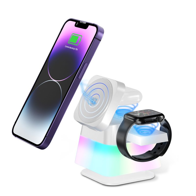 CJSJ201192601AZ 4 In 1 Rotatable Colorful Lighting Wireless Charger Stand For Phone 15 14 13 12 Pro Max 8 7 Holder Magnetic Fast Charging Station - Image 1