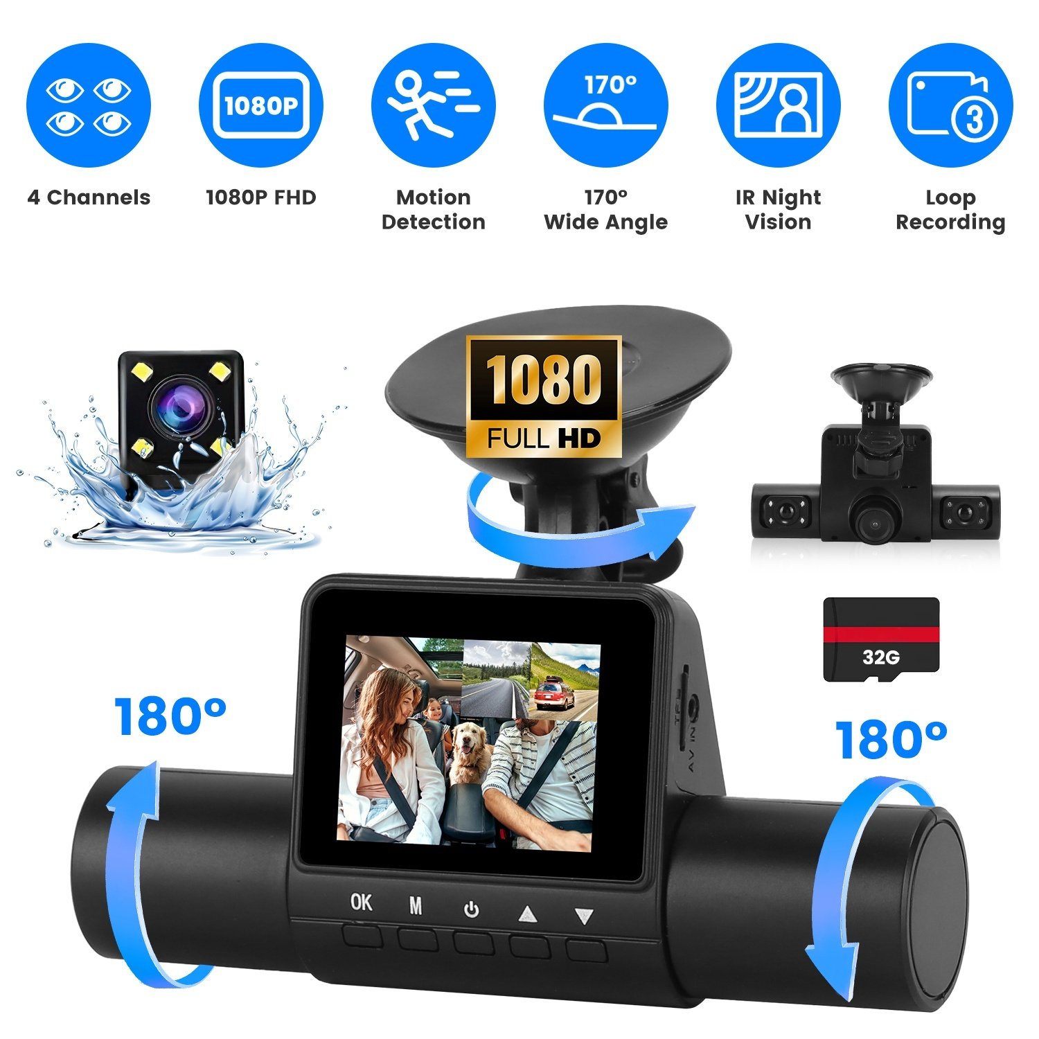 e566bd39-39de-4352-a013-28632e200aa5.jpg 1Pc 360 Degree View FHD 4 Channel Dash Cam 1080P Front 480P Rear Left Right Inside Dash Camera With IR Night Vision Loop Recording Motion Detection Free 32GB MMC Card - Image 1